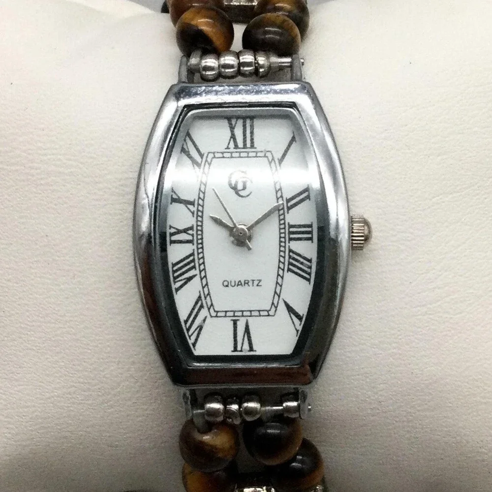 GC Beaded Bracelet Womens Watch 21mm White Dial Silver Tone Brown New Battery